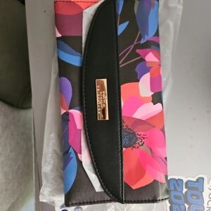 Trina Turk Black Wallet with Pink and Blue Floral Design
